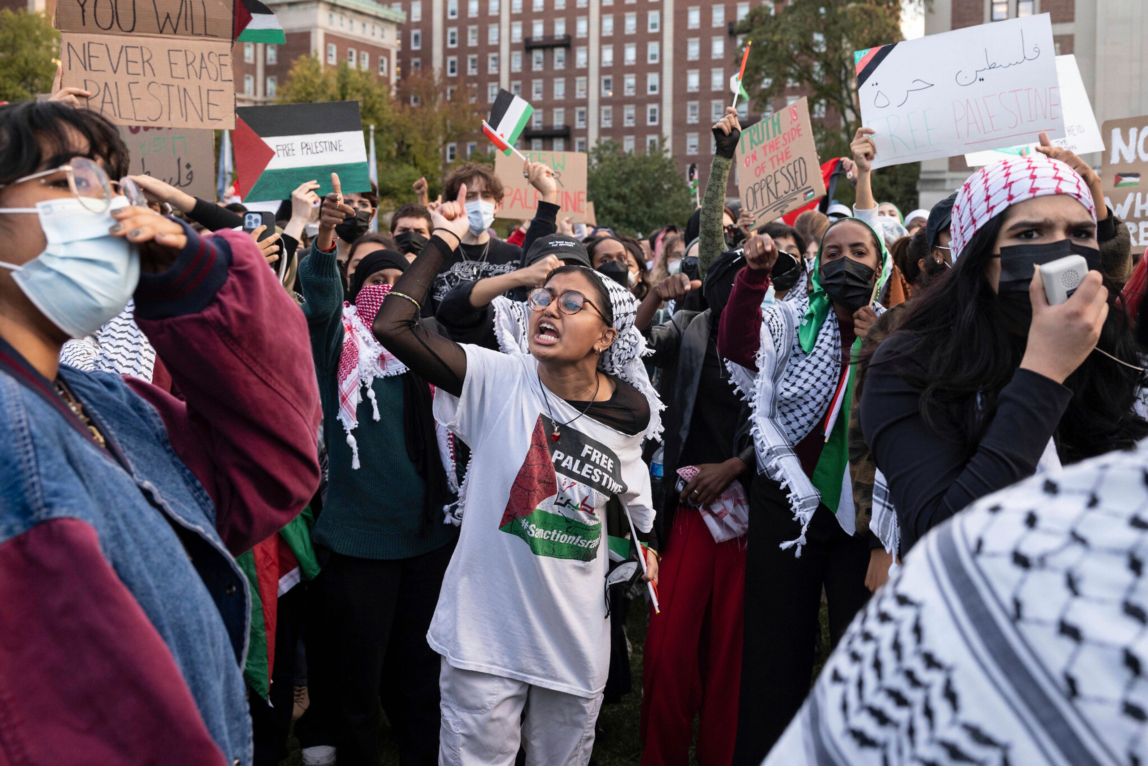 Pro-Palestinian activists at a protest near Columbia University