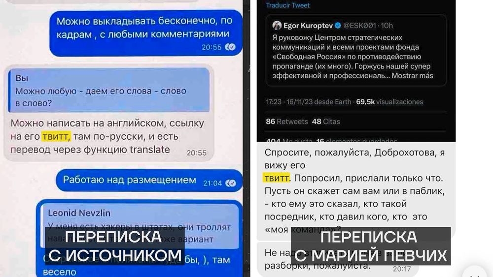 Side-by-side comparison of Nevzlin's correspondence with a source and with Pevchikh