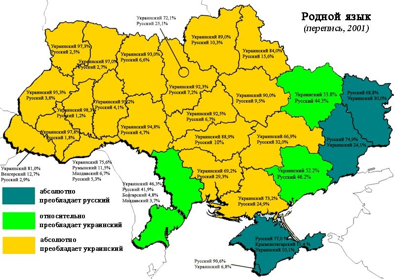A map based on the 2001 Ukrainian census indicates that only in Donetsk and Luhansk did the majority of residents name Russian as their native language.