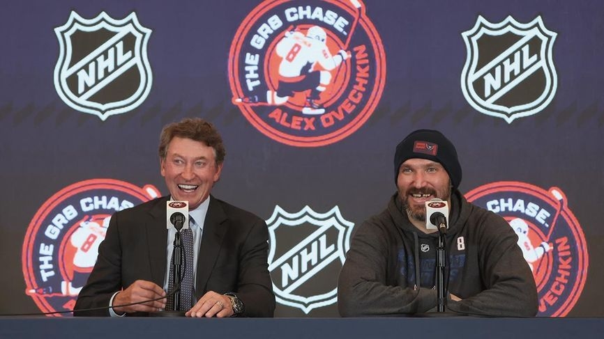 Wayne Gretzky (left) and Alexander Ovechkin (right) speak after the Capitals' win over the Chicago Blackhawks, which saw the Russian tie 'The Great One' for most goals in NHL history.