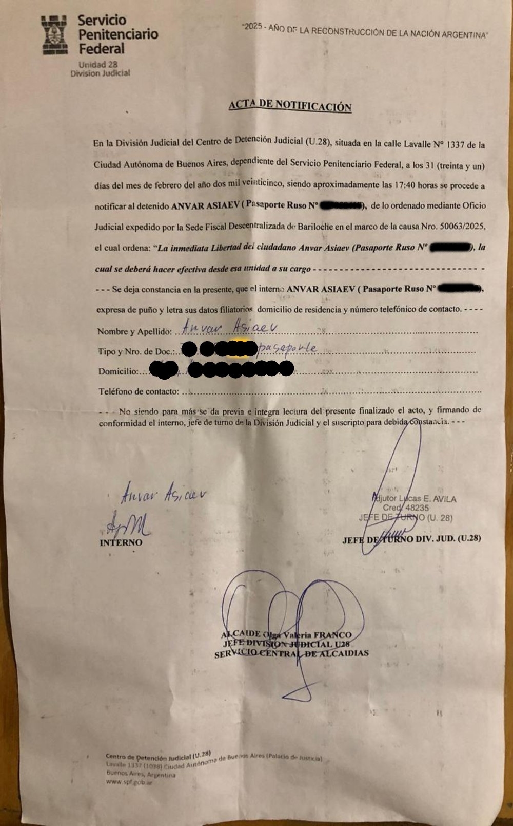 Копия документа о немедленном освобождении из-под стражи гражданина России Анвара Асиева
