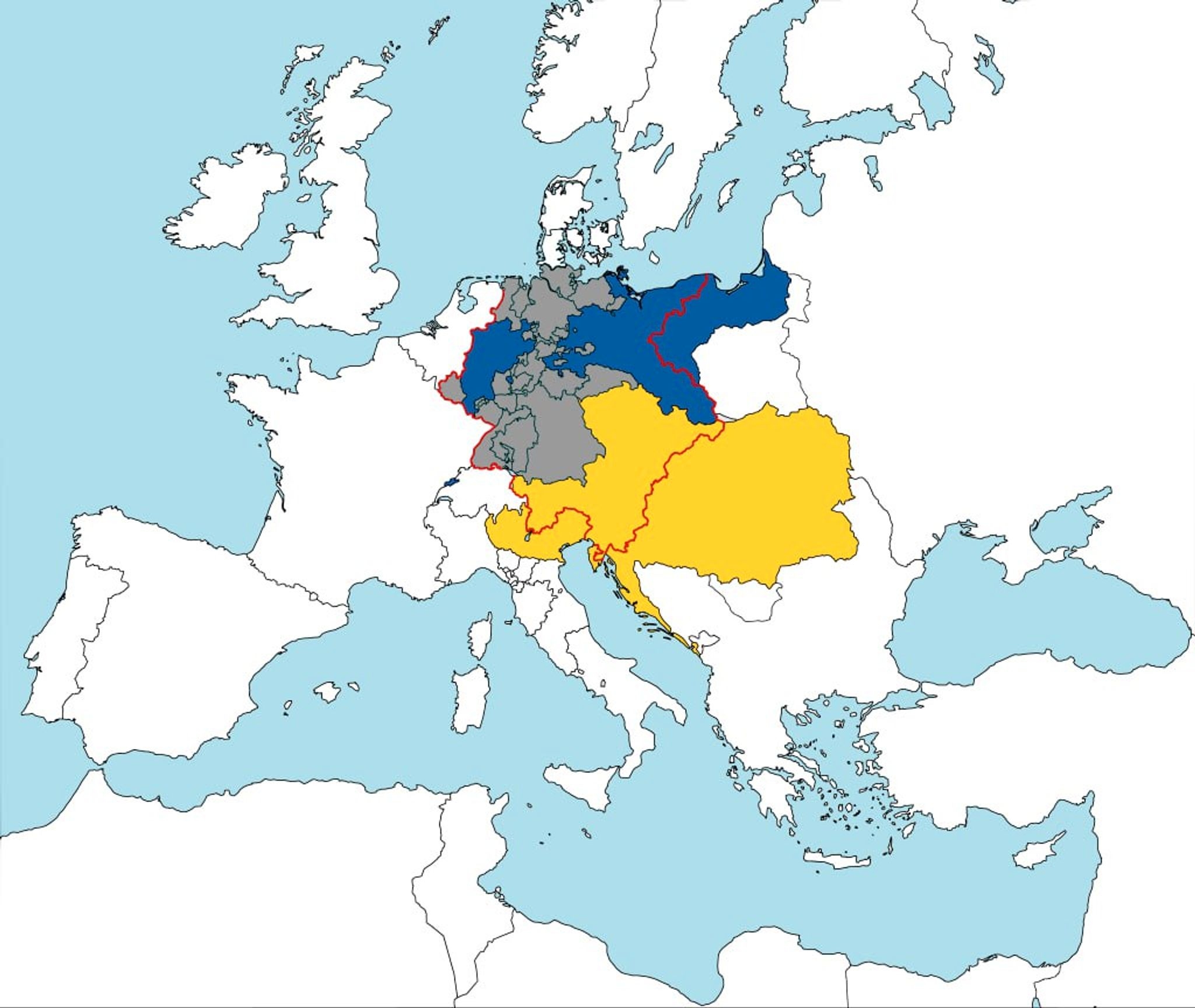 Prussia is shown in blue, the Austrian Empire in yellow, the borders of the German Confederation in red, and members of the Customs Union as of 1866 in grey