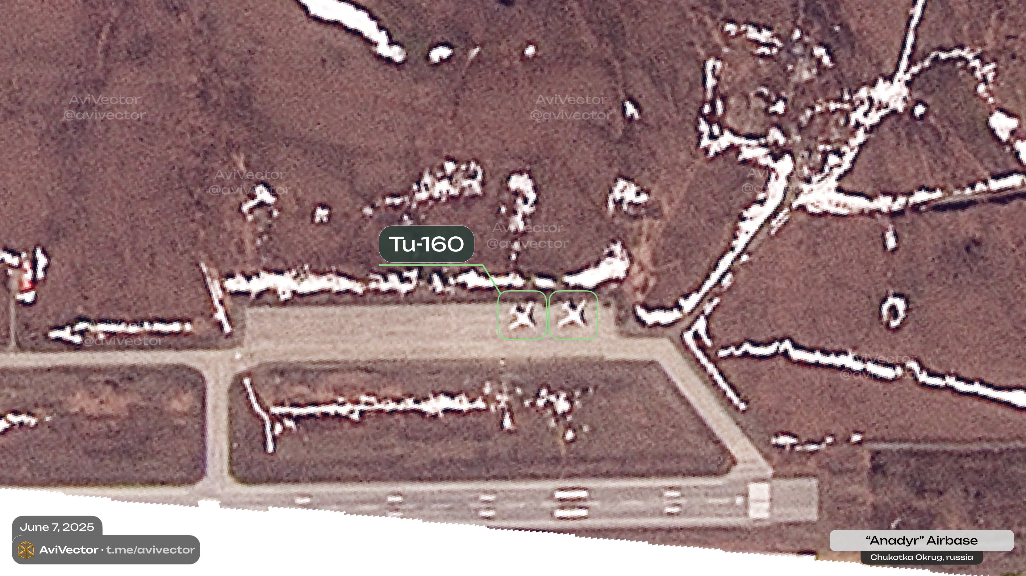 One of the Tu-160 bombers arrived at the Anadyr airbase from Belaya air base at 23:59 UTC on June 4, according to OSINT project AviVector.