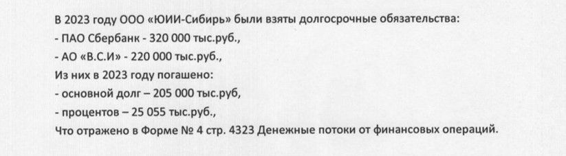 A screenshot from the notes to YUII-Sibir’s financial statements, indicating loans from Sberbank and VCI JSC.