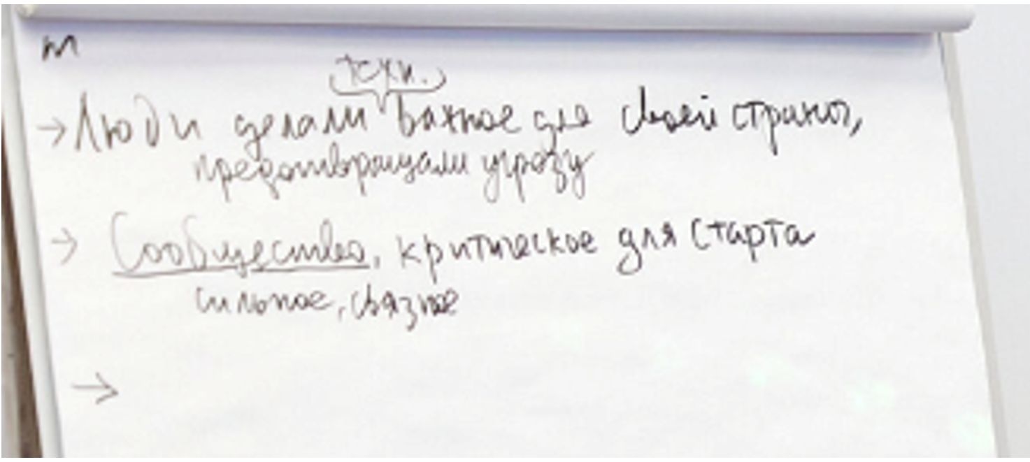 The text on the first line of the flipchart reads: “People did important things for their country and prevented threats.”
