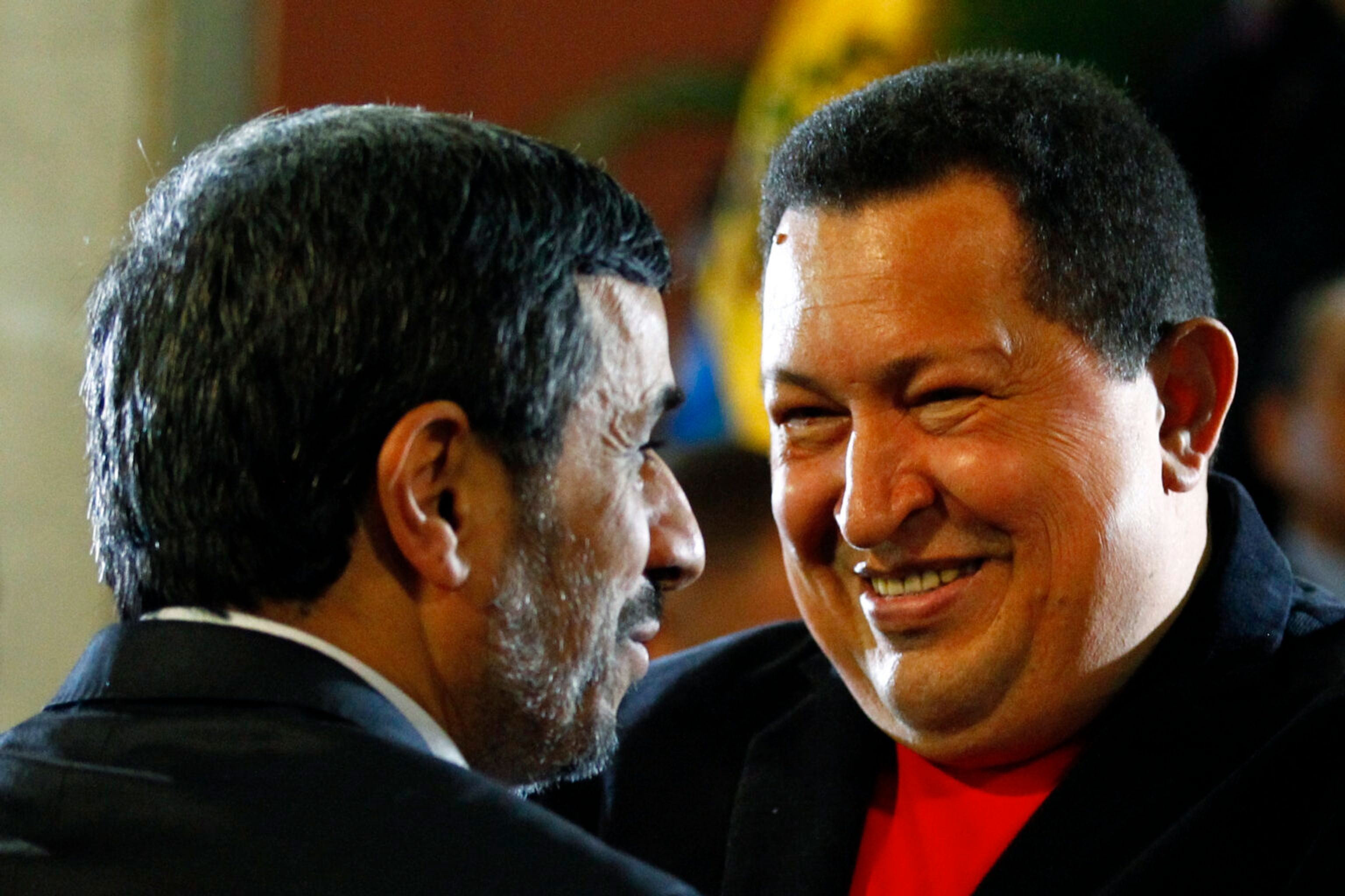 Hugo Chávez welcomes Iranian President Mahmoud Ahmadinejad in Caracas at the Miraflores Palace on June 22, 2012