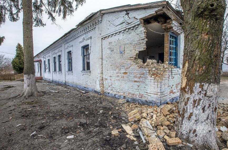 A destroyed school in the village of Mykulychi in the Kyiv Region