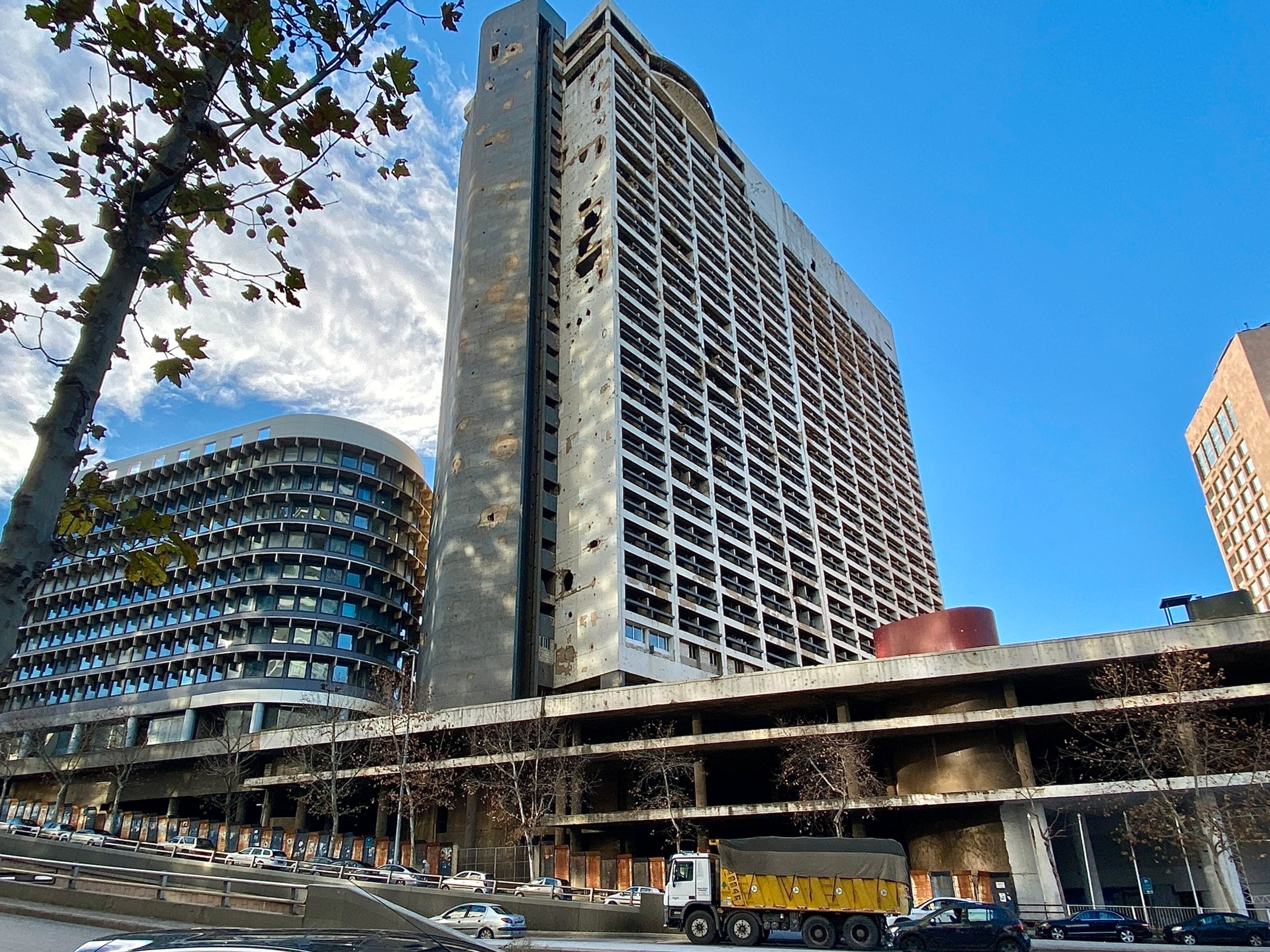 Former Holiday Inn hotel with shelling marks in the vicinity of Hamra, Beirut's main street