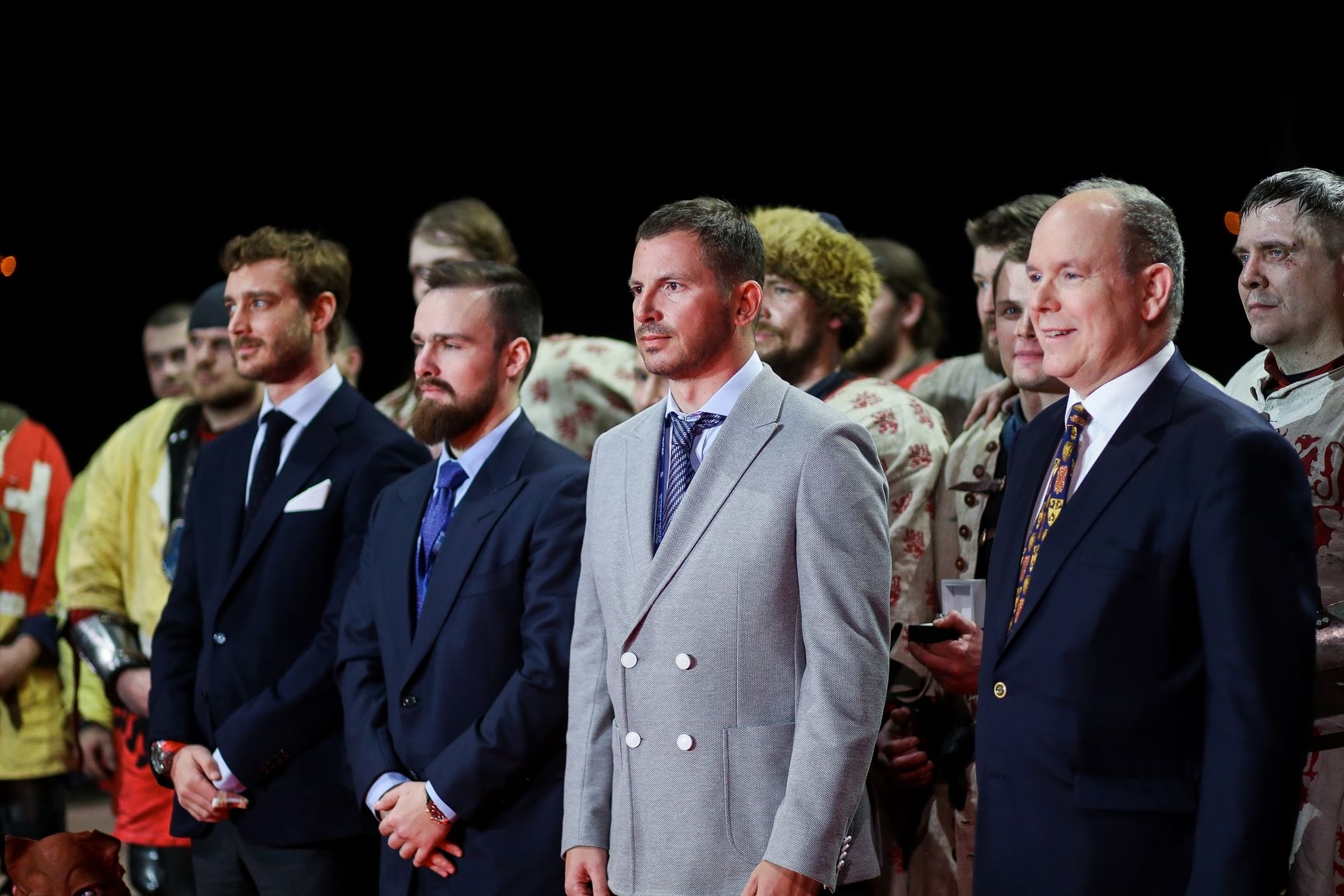 Prince Albert II of Monaco (far right) and Evgeny Strzhalkovsky (center) at the Buhurt Prime tournament in 2019