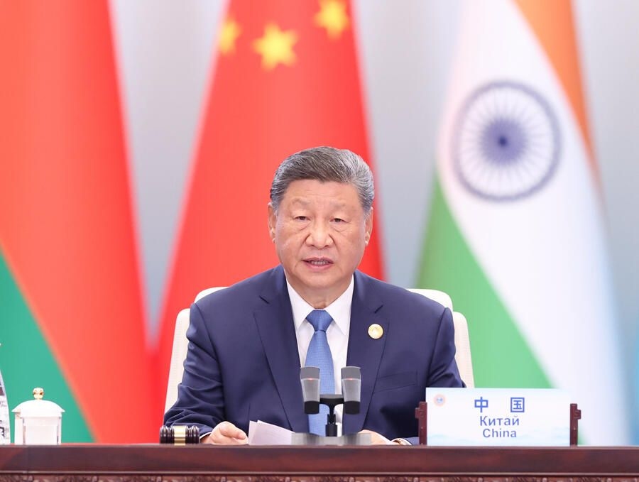 Chinese President Xi Jinping speaks at the “SCO Plus” meeting in Tianjin, a port city in northern China, on Sept. 1, 2025.