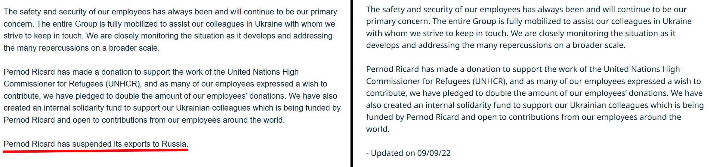 Версии пресс-релиза Pernod Ricard до и после корректировки