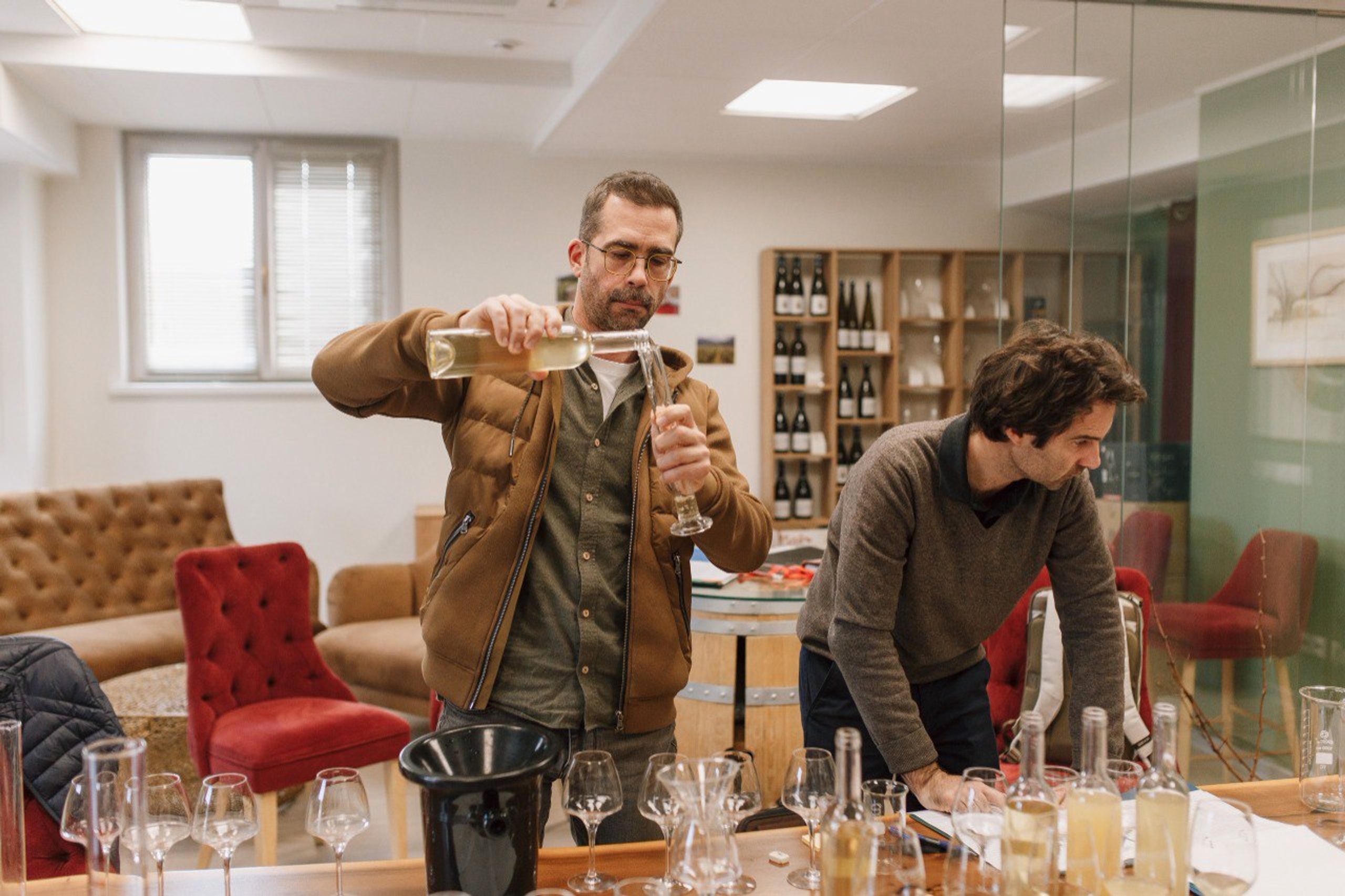 David Pernet (left) and Alexander Mourousi (right) hosting a Krinitsa wine tasting in autumn 2024