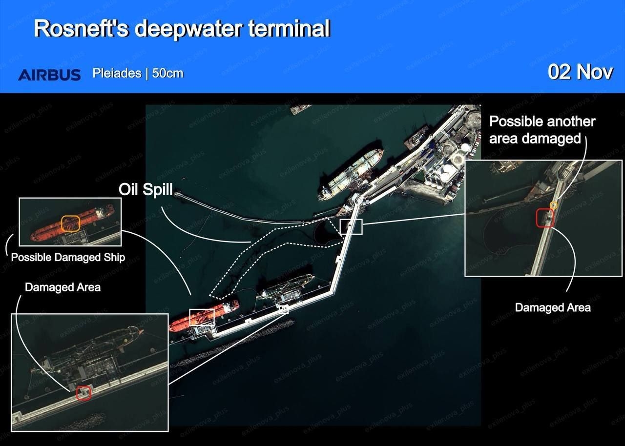 A satellite image taken after the attack on the port of Tuapse shows two damaged pipelines, fire damage on one tanker and traces of an oil spill in the sea.