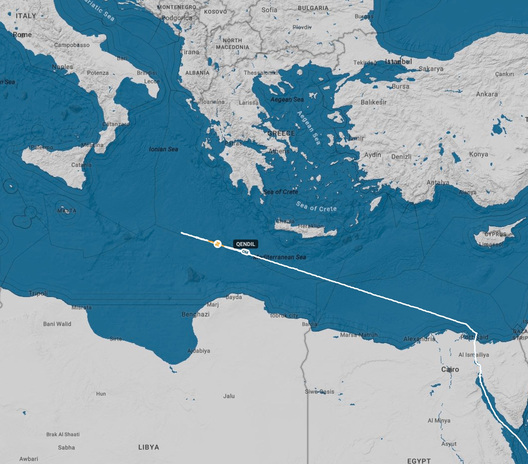 Movement of the tanker Qendil in the Mediterranean Sea on Dec. 16-19
