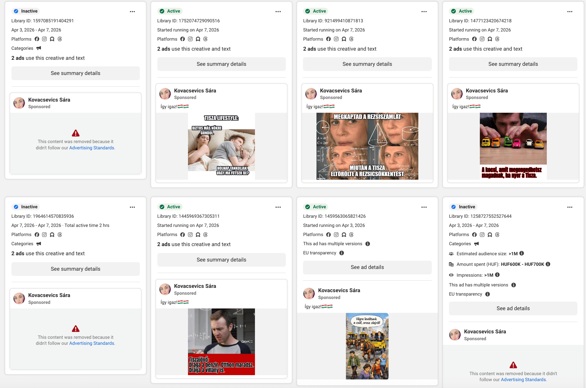 Some of the ads targeting the Tisza party, posted from a fake account registered to a “Sára Kovacsevics”