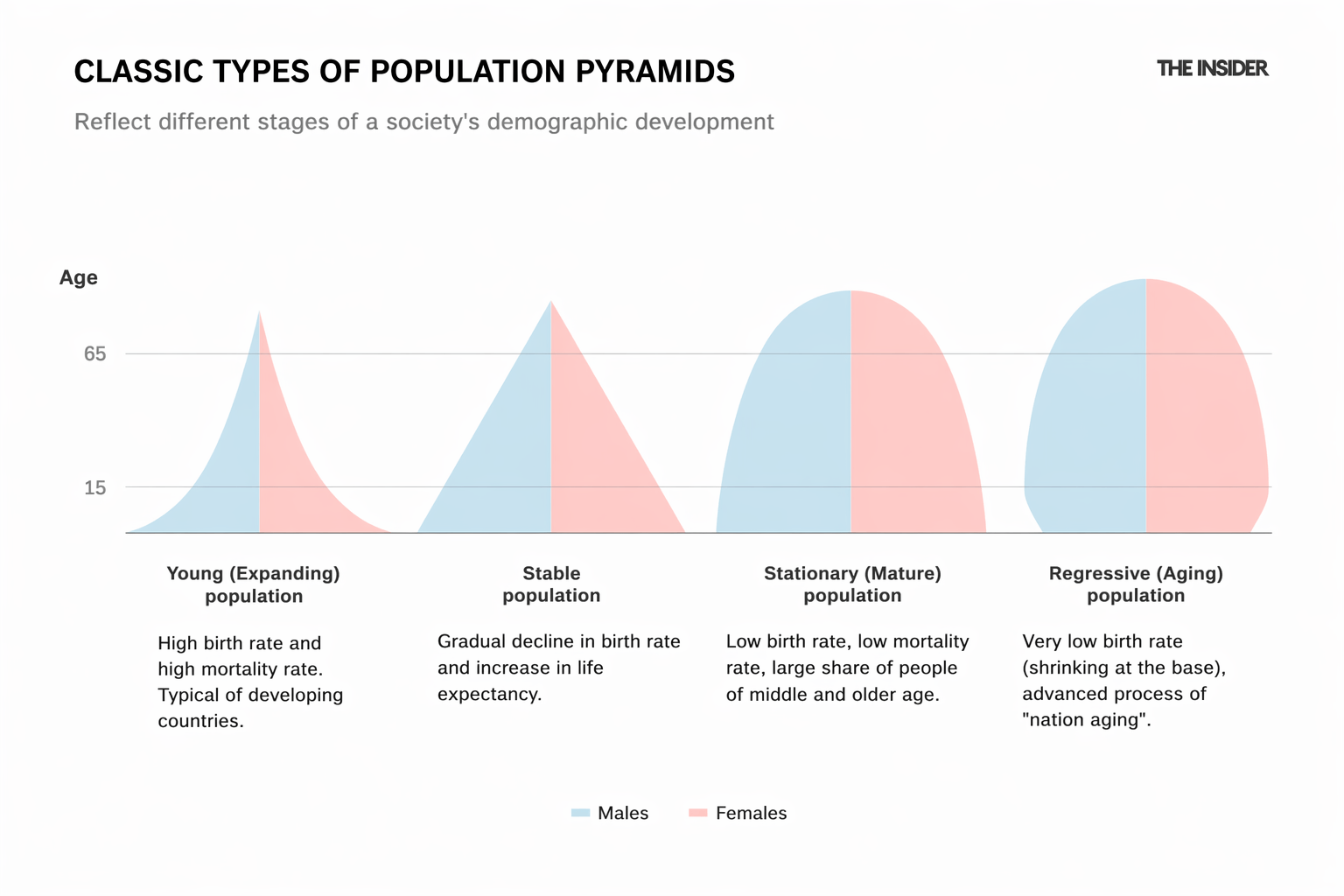 Sex-and-age pyramids characteristic of different stages of the demographic transition