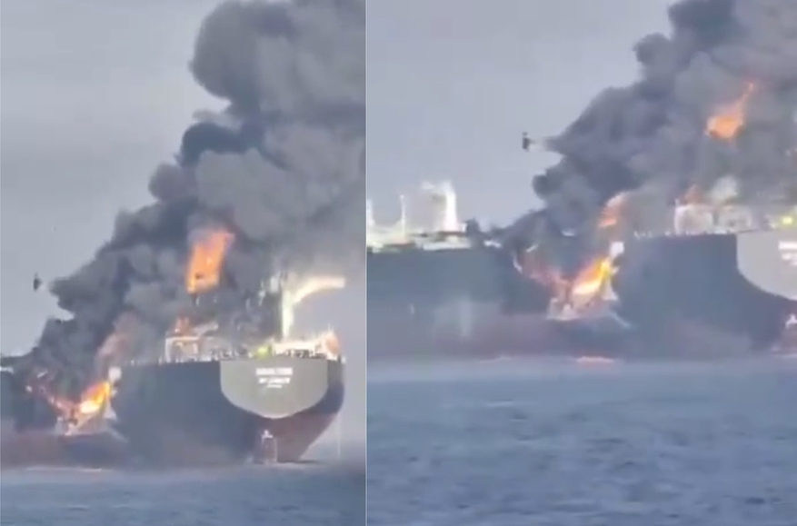 Screenshots of video footage showing the tanker Adalynn ablaze after a collision near the Strait of Hormuz. (Screenshots: @BlackSeaStrategyInstitute, Telegram)