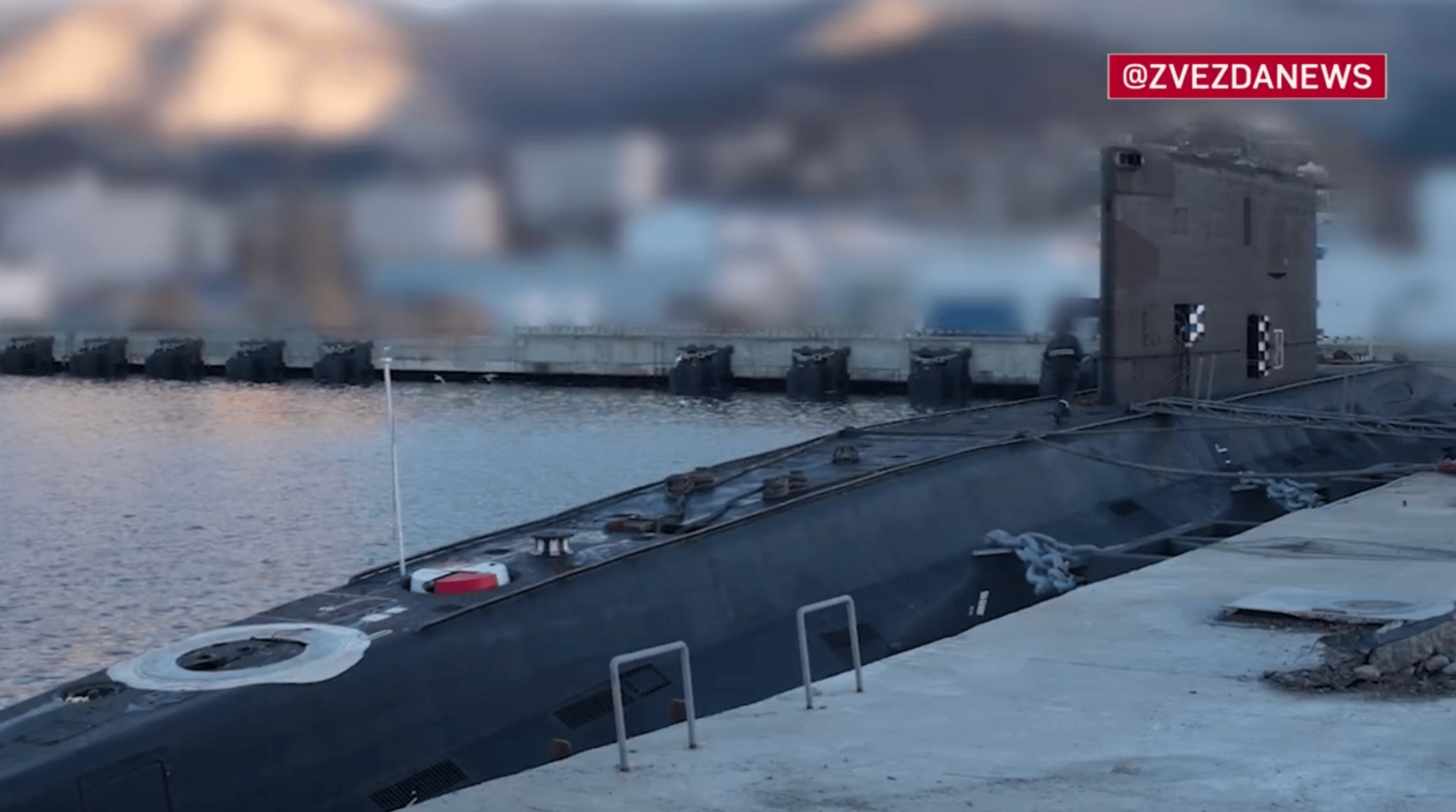 Partially blurred footage of the submarine shared by Zvezda following the drone attack in Novorossiysk. Screenshot: Zvezda (@zvezdanews / Telegram)