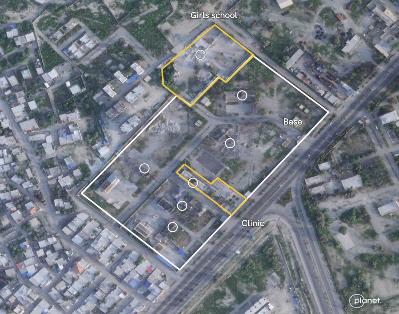 Satellite image of the IRGC base premises and the school after the strike